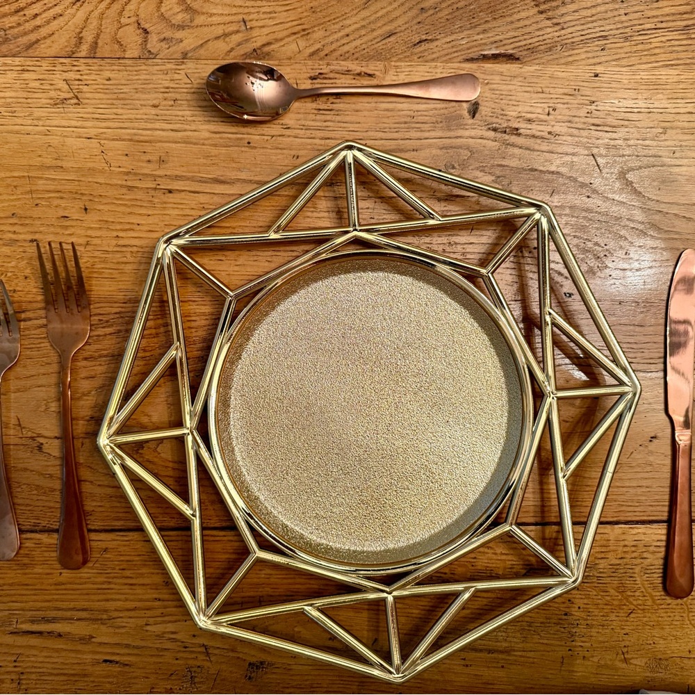 Geometric Gold Charger Plates and Rose Gold Utensils

For 65
